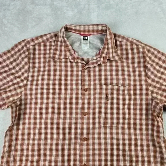 The North Face Men’s Large Button Up Shirt Short Sleeve Orange Plaid Pockets - Picture 4 of 6
